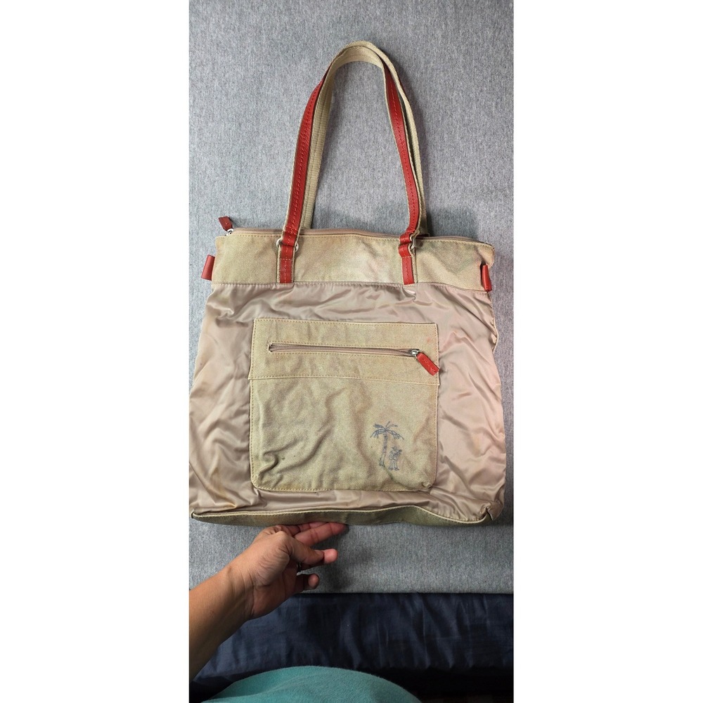 High Way Tan Canvas Nylon Tote Bag Red Leather Trim Palm Tree Embroidery Large